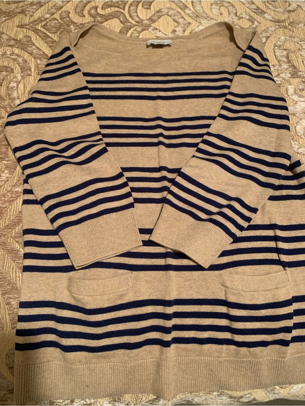 LOFT Beige and Navy Striped Crewneck Sweater